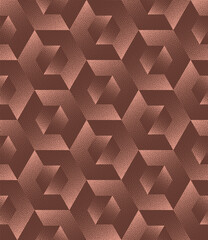 Wall Mural - Eye Catching 50s 60s 70s Retro Styled Vector Seamless Pattern Trendy Brown Abstract Background. Split Hexagons Endless Abstraction Old Fashioned Wallpaper Dot Work Texture. Half Tone Art Illustration