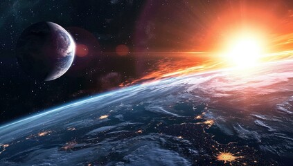 Wall Mural - the earth in the evening sun with the moon and sun in the background