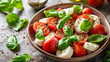 salad with slices of tomatoes and mozzarella with basil and olive oil, sprinkled with some spices