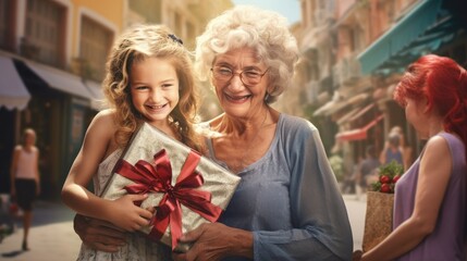 Wall Mural - Two women are hugging a little girl holding a present, in the style of grandparentcore, uhd image, 