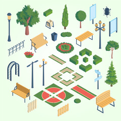 Wall Mural - isometric city park elements set with isolated essential parts images modern public garden with shad