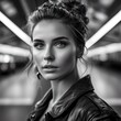 B&W photography, model shot, woman in bus station, beautiful detailed eyes, professional award winning portrait photography, highly detailed glossy eyes, high detailed skin, skin pores