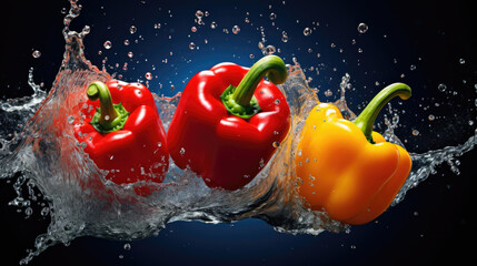 Wall Mural - smooth Fresh organic red yellow green Bell Pepper paprika Vegetables falling into water and splashes