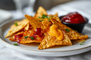 Poster - nice snack with tortillas or nachos with a spicy cheese sauce and salsa, close up