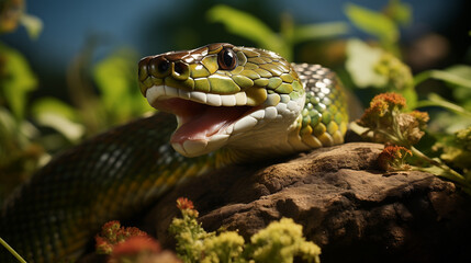 snake in the garden, Grass-snake, natrix emerging with its tongue protruding from the terrace of a country home