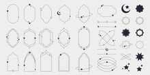 Islamic Modern Minimalist Aesthetic Linear Set Elements. Arch Frames With Stars And Crescent. Lineart Geometric Shapes. Boho Line Art Vector Illustration For Social Media, Poster