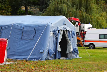refugee camp.equipped with a tent and ambulance