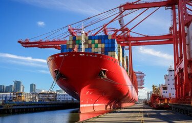 Poster - Massive cargo ship docked at industrial port with stacked containers