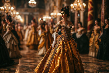 Wall Mural - An elegant masquerade ball during the Venetian Carnival, dancers in exquisite period costumes and intricate masks, opulent ballroom setting with chandeliers and marble floors, rich, and luxurious