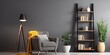 © Lasvu - Cozy gray furniture with wood shelves and a black lamp in a bright living space.