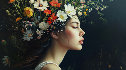 Wall Mural - Captivating portrait of woman with flowers growing from her hair, AI Generated