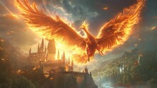 Flying Fire Phoenix Over The Castle