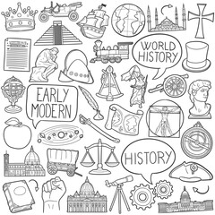 Wall Mural - World History Doodle Icons Black and White Line Art. Early Modern Clipart Hand Drawn Symbol Design.