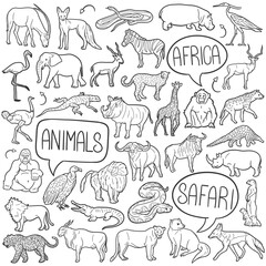 Wall Mural - Safari Doodle Icons Black and White Line Art. Animals Clipart Hand Drawn Symbol Design.
