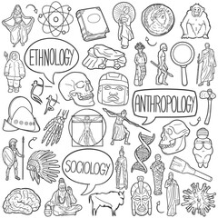 Wall Mural - Anthropology Doodle Icons Black and White Line Art. Sociology Clipart Hand Drawn Symbol Design.