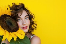 Young Beautiful Woman With Sunflower On Yellow Background. Summertime, Springtime And Happiness Concept. Spring Seasonal Holidays And Vibrant Colors. Banner With Copy Space