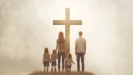 Wall Mural - family standing in front of a large cross