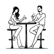 Young couple in a cafe. A man and a girl drink coffee and talking. Vector illustration drawing. Black and white sketch