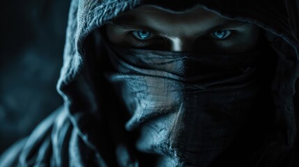 Illustration of a hooded man with a covered face against a black background, symbolizing the concepts of hacking and information protection.
