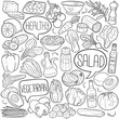 © josepperianes - Salad Doodle Icons Black and White Line Art. Food Clipart Hand Drawn Symbol Design.