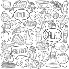 Poster - Salad Doodle Icons Black and White Line Art. Food Clipart Hand Drawn Symbol Design.