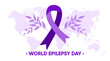 Epilepsy day poster with ribbon and earth map. Purple Day. World Epilepsy Day. Purple ribbon. Epilepsy Month