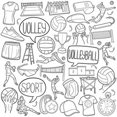 Wall Mural - Volleyball Doodle Icons Black and White Line Art. Volley Clipart Hand Drawn Symbol Design.