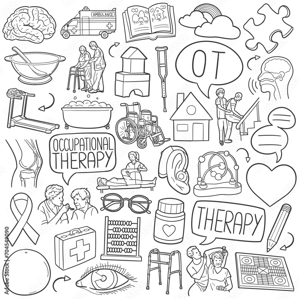 Occupational Therapy Doodle Icons Black and White Line Art. Therapist  Clipart Hand Drawn Symbol Design. Stock Vector | Adobe Stock, image size:1000x1000