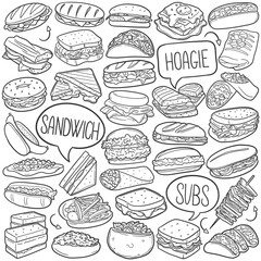 Wall Mural - Sandwich Doodle Icons Black and White Line Art. Hoagie Clipart Hand Drawn Symbol Design.