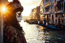 A Serene Morning At The Venetian Carnival, A Lone Figure In A Traditional Mask And Costume, Standing By The Edge Of A Canal With Historical Venetian Buildings And Gondolas In The Background