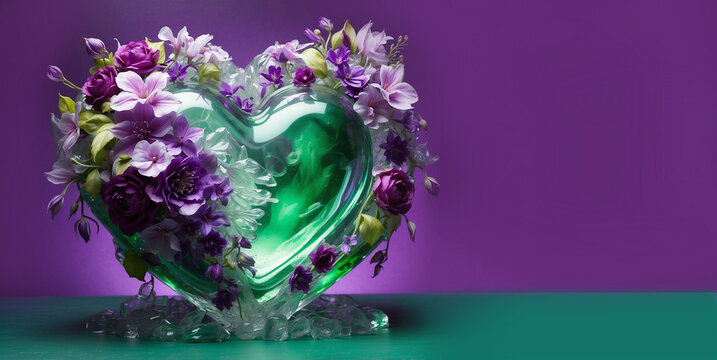 glass or ice heart filled with romantic flowers in purple and green tonality like special Valentine heart concept or beautiful floral background