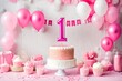 pink and white decoration for a 1st birthday cake smash studio photo shoot with balloons paper decor cake and topper high quality photo 