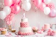 pink and white decoration for a 1st birthday cake smash studio photo shoot with balloons paper decor cake and topper high quality photo 