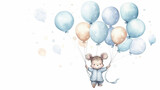 Fototapeta Dziecięca - copy space, birthday card in watercolor style, pastel blue colors and golden glitters, sweet boyish mouse holding balloons. Cute birth announcement card. Template voor birth cards, cute baby announcem