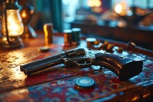 On the table, a weapon of the West: a cowboy's revolver, symbolizing an era of gun violence, crime, and colt firearm showdowns