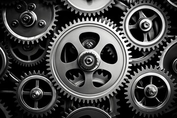Aufkleber - Retro black and white background of industrial cogs or gears with movement