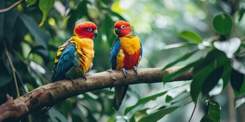 Wall Mural - Tropical birds sitting on a tree branch in the rainforest