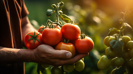 Wall Mural - Farmers Hand Holding Tomatoes, Organic Red tomatoes in Close-Up