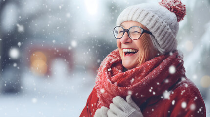 Wall Mural - A happy old lady standing on a snowy city street in winter and smiling. Wearing a scarf, a red jacket and a white cap. Joyful aged elderly woman or grandma in the cold outside, idyllic scenery