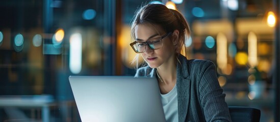Female professional using laptop to work on cybersecurity and encryption in contemporary office.