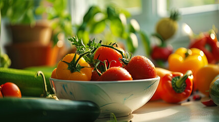 Wall Mural - Photos with vegetables in a bowl on a bright background ripe tomatoes, colored peppers and zucchin