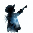 Silhouette of a young girl pointing toward the sky.