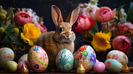 Wall Mural - Cute rabbit and Easter eggs on a dark background. Happy Easter day concept and idea.Generative AI