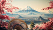 Traditional Japanese fan sensu, pink blossom with Fujiyama mountain background