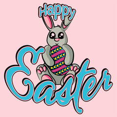 Wall Mural - Colourful cute Easter bunny holding an Easter Egg with Happy Easter text in a Cartoon style