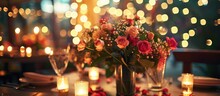Surprising Engagement At A Luxurious Restaurant With Decorated Flowers And Candles For A Romantic Valentine's Day Dinner.