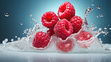 Fototapeta Kuchnia - Smooth healthy juicy Fresh raspberry Fruits falling into water and splashes created with Generative AI Technology