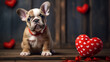 the puppy sits near the heart. on a wooden background.Generative AI