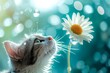 Cute kitty fascinated by the shimmer of raindrops on flower petals and in the air. Blurred colorful background. Generative AI
