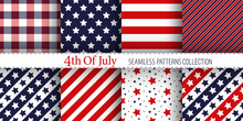 American Vector Seamless Patterns Collection. Classic Stars And Stripes Ornaments In Blue, Red And White Colors. Best For Textile, Wallpapers, Wrapping Paper Festive Decoration.